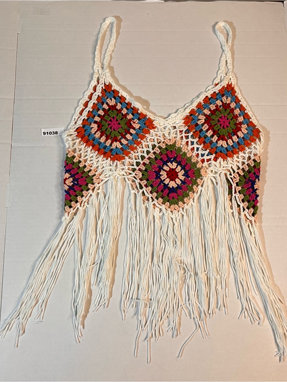 Rebellion Ivory Crochet Fringe Crop Top with Multicolor Granny Squares